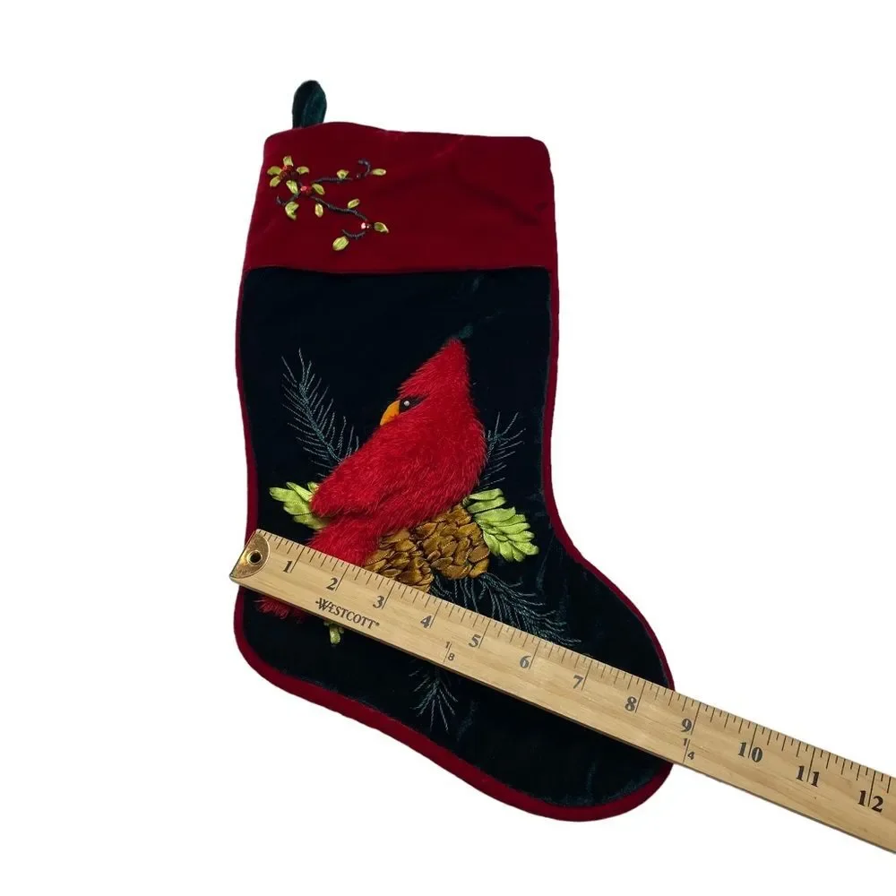 Santa’s Best 3D Red Cardinal on Branch Embroidered Velvet Christmas Stocking